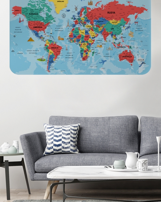 Türkçe Eğitici Ülke ve Başkent Okyanus Detaylı Atlası Dünya Haritası Duvar Sticker -60x105-3863