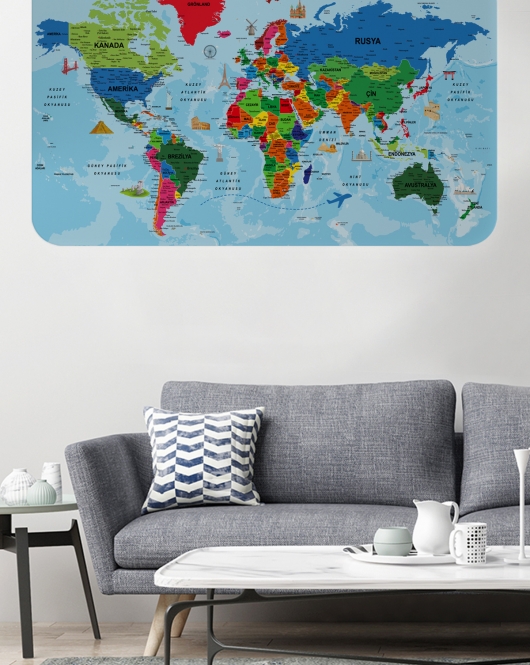 Türkçe Eğitici Ülke ve Başkent Okyanus Detaylı Atlası Dünya Haritası Duvar Sticker -60x105-3866