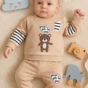 3-18 Ay Erkek Bebek Takımı Gift For You 2'li Krem