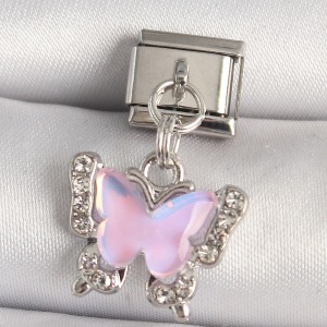 316L Çelik Gümüş Renk Zirkon Taşlı Pembe Kelebek Model Nomination Charm