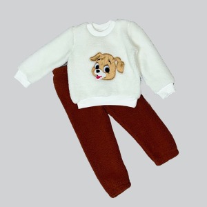 1-2-3 Yaş Mutlu Köpekcik Nakışlı Kuzu Kumaş Sweat Patili Pantolon Uzun Kollu Kız Erkek 2 Li Takımı