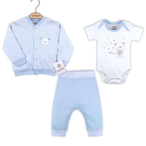 3-12 Ay Erkek Bebek Takımı Çizgili Bear Hırkalı Mavi