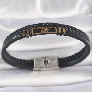 316L Çelik Gold Renk Gemi Dümeni Aksesuarlı Çift Sıra Burgu Desenli Deri Kordon Erkek Bileklik