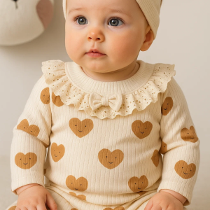 Kalp Baskılı Fisto Yaka 3 Parça Kız Bebek Takımı Krem