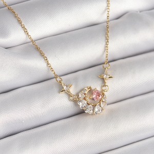 316L Çelik Gold Renk Zirkon Taşlı Hilal Pembe Kalp Model Kadın Kolye