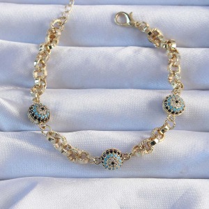 Pirinç Zincir Vip Seri Altın Renk Zirkon Taşlı Nazarlı Bileklik