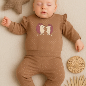 3-18 Ay Kız Bebek Takımı Kirpi Nakışlı 2'li Kahverengi