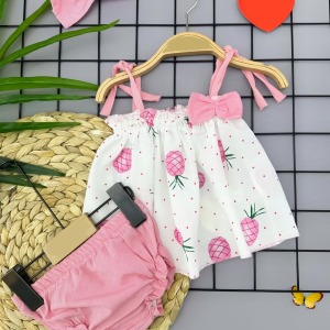 3-6-9-12 Ay Bandajlı Ve Kilotlu Ananas Desenli Askılı 3lü Kız Bebek Elbisesi