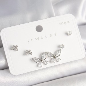 925 Ayar Gümüş Çivi Pirinç Gümüş Renk Zirkon Taşlı Kelebek Model Kadın Küpe Seti