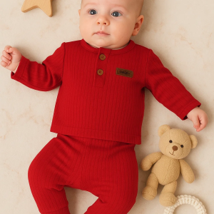 3-18 Ay Çizgili Kumaş 2'li Unisex Takımı Kırmızı