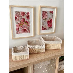 Akayev Beige Hasır 3Lü Kare Sepet