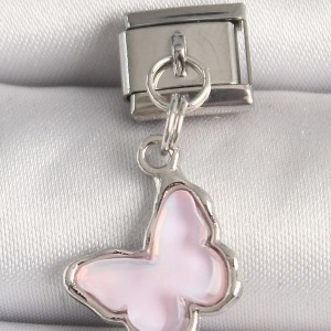 316L Çelik Gümüş Renk Pembe Kelebek Model Nomination Charm