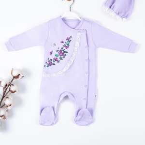 3-9 Ay Kız Bebek Tulumu Çiçek Nakışlı Şapkalı Lila