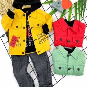 2-3-4-5 Yaş Pantolonlu Sweat Gabardin Ceket Cepli Kot Pantolon 3lü Erkek Bebek Takımı