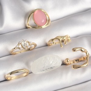 Pirinç Gold Renk Zirkon Taş Detaylı Pembe Mineli 6'Lı Kadın Yüzük Seti