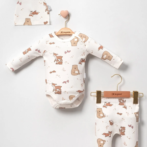 3-18 Ay Erkek Bebek Takımı Karaca 3'lü Şapkalı krem