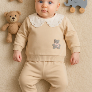 3-18 Ay Kız Bebek Takımı Dantel Yakalı 2'li Krem