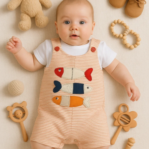 3-18 Ay Erkek Bebek Tulumu Balık Kısa Kollu Turuncu