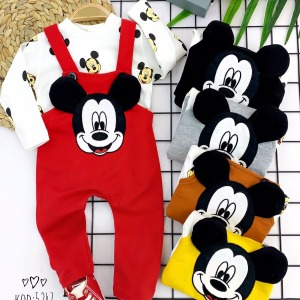3-6-9-12 Ay Mickey Figürlü Uzun Kollu Baskılı Sweatli 2li Kız Erkek Bebek Salopet Takımı