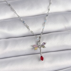 316L Çelik Gümüş Renk Zincir Renkli Zirkon Taşlı Yusufçuk Model Kadın Kolye