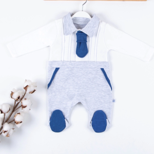 3-9 Ay Erkek Bebek Tulumu Kravat Aksesuarlı Ayaklı Gri