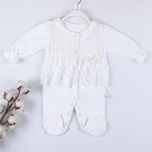 3-9 Ay Kız Bebek Tulumu Gofra Fransız Güpürlü Beyaz