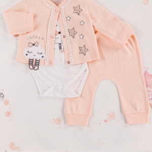3-9 Ay Kız Bebek Takımı Lovely Yıldız 3'lü Hırkalı Somon