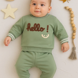 3-18 Ay Erkek Bebek Takımı Hello Nakışlı 2'li Yeşil