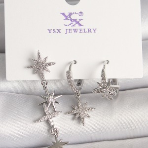 Pirinç Gümüş Ren Sallantı Zirkon Taşlı Kutup Yıldız Model 3'Lü Kadın Kombin Küpe