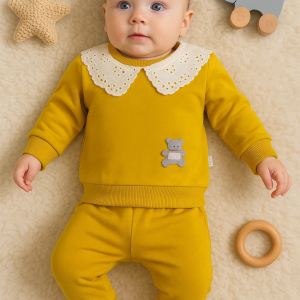 3-18 Ay Kız Bebek Takımı Dantel Yakalı 2'li Hardal
