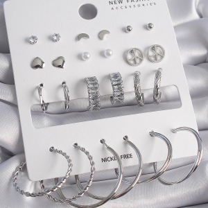 Pirinç Gümüş Renk Zirkon Taşlı 12 Çift Kadın Küpe Seti