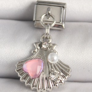 316L Çelik Gümüş Renk Zirkon Taşlı Pembe Mineli Kalp Detay Nomination Charm