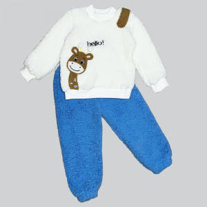 1-2-3 Yaş Hello Zürafa Nakışlı Kuzu Kumaş Sweat Pantolon Uzun Kollu Kız Erkek 2 Li Takımı