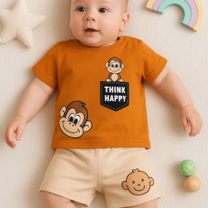 3-18 Ay Erkek Bebek Takımı Maymun 2li Kahverengi