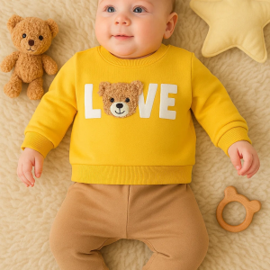 3-12 Ay Erkek Bebek Takımı Bear Love Nakışlı 2'li Sarı