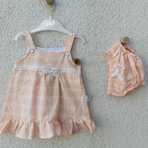 3-9 Ay Kız Bebek Askılı Kareli Külotlu Bebek Elbisesi Somon