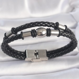 316L Çelik Gümüş Renk Aksesuarlı Çift Sıra Burgu Desenli Deri Kordon Erkek Bileklik