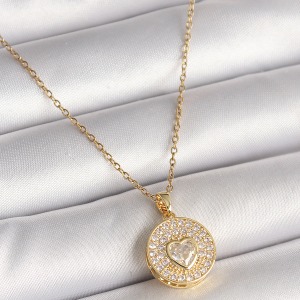 316L Çelik Gold Renk Zincir Madalyon Zirkon Taşlı Kalp Model Kadın Kolye