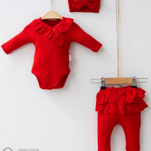 3-9 Ay Kız Bebek Takımı Fırfır Detay Fiyonk Boneli Kırmızı