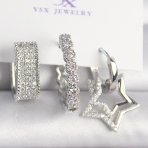 Pirinç Gümüş Renk Zirkon Taşlı Yıldız Figür Halka Model 3'Lü Kadın Kombin Küpe