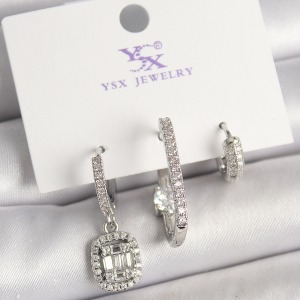 Pirinç Gümüş Renk Zirkon Taşlı Baget Halka Model 3'Lü Kadın Kombin Küpe