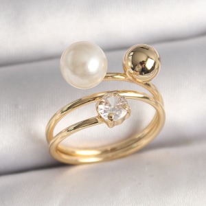 Pirinç Gold Renk Zirkon Taşlı Top İnci Model Kadın Yüzük