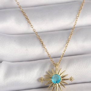 316L Çelik Gold Renk Zincir Mavi Taş Detaylı Kuzey Yıldız Model Kadın Kolye