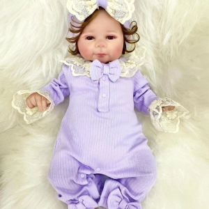 3-9 Ay Dantel Yaka Kız Bebek Tulumu Şapkalı Lila