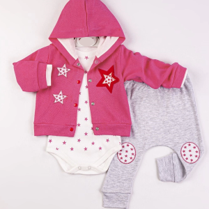 Yeni Doğan 3-6 Ay Kız Bebek Takımı Yıldız Nakış Kapişonlu Pembe