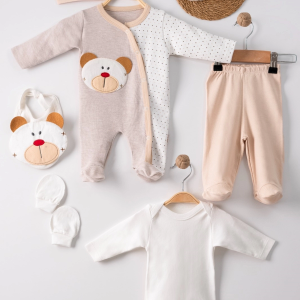 3 Ay Ayıcık Nakışlı Tulumlu Erkek Bebek 5'li Set Kahverengi