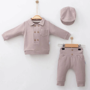 3-12 Ay Erkek Bebek Takımı Düğmeli Lüx Şapkalı 3'lü Gri