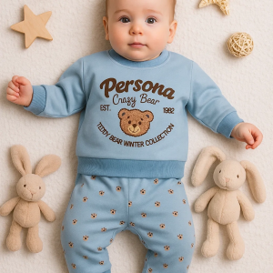 3-18 Ay Erkek Bebek Takımı Persona Bear Nakışlı 2'li Mavi