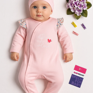 3-6 Ay Kız Bebek Tulumu Kelebek Omuz Detay Şapkalı Pembe