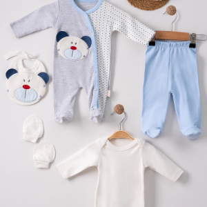 3 Ay Ayıcıklı Tulumlu Erkek Bebek 5'li Set Mavi